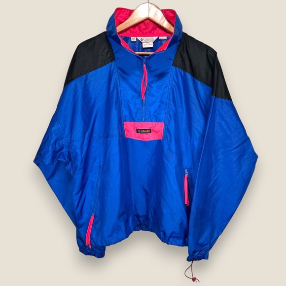 Vintage Columbia Anorak Windbreaker Jacket Men Large Nylon Blue Pink Nylon 90s - Picture 1 of 11